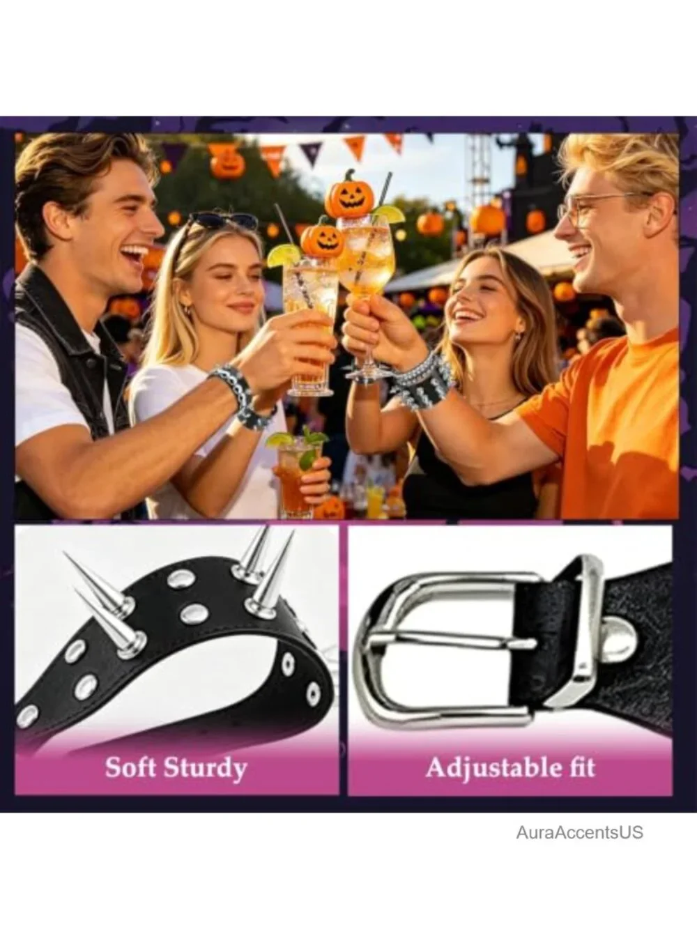 Punk Studded Leather Cuff Bracelets - Adjustable Gothic Spike Wristband Set
